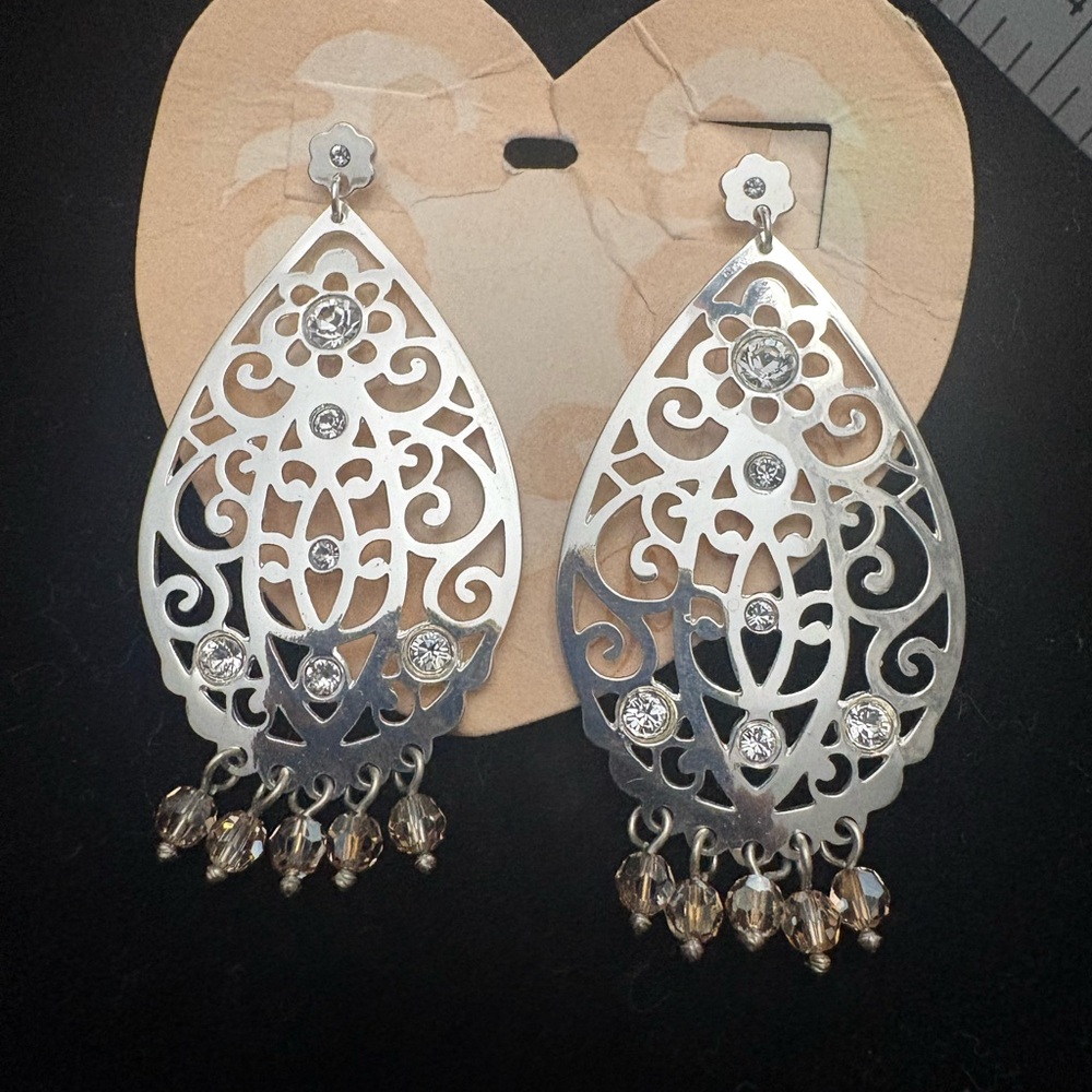 ✨ Brighton Trellis Lace Silver Tone Chandelier Earrings w/ Crystal Fringe ✨